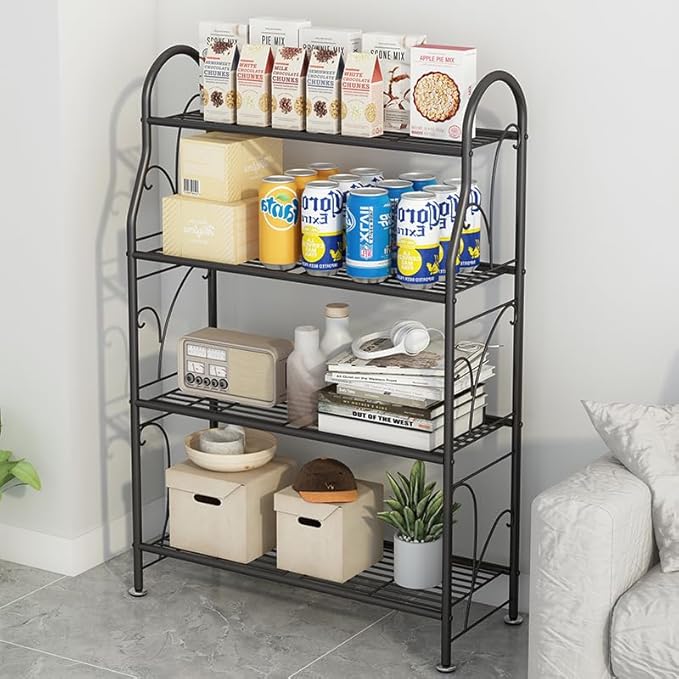 4 Tier Metal Plant Stand with wheels rack, Heavy Duty Metal Plant Shelf for Indoor/Outdoor Living Room, Balcony, Garden, Black