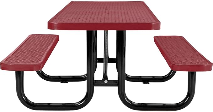 Global Industrial 8'L Rectangular Picnic Table, ADA Compliant, Expanded Metal, Red Thermoplastic Coating, Attached Benches, 1-1/2” Umbrella Pole Hole, Outdoor-Rated