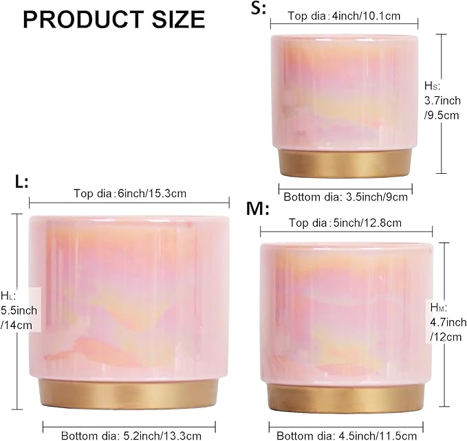 Gepege Pink Indoor Plant Pots for Plants, Ceramic Planter with Drainage Hole, 6.0 inch+5.0 Inch+4.0 Inch. Succulent Orchid Flower Pot - Rainbow Pearl Glaze