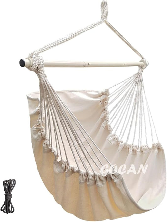 Hammock Chair Large Hammock Swing,110 X 150cm Load 150kg,Cotton Hanging Chair Hardwood Spreader Bar Wide Seat Swing Chair (Beige)
