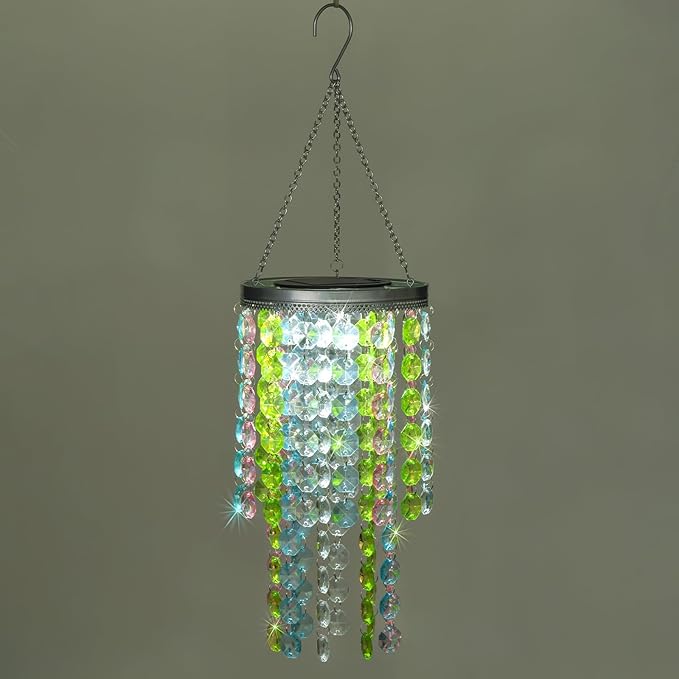 Hanging Solar Lantern Outdoor, 2 Tiers 21” Solar Multicolor Acrylic Beaded Chandelier with Cool White LED S Hooks for Garden Yard Patio Gazebo Outside Decor