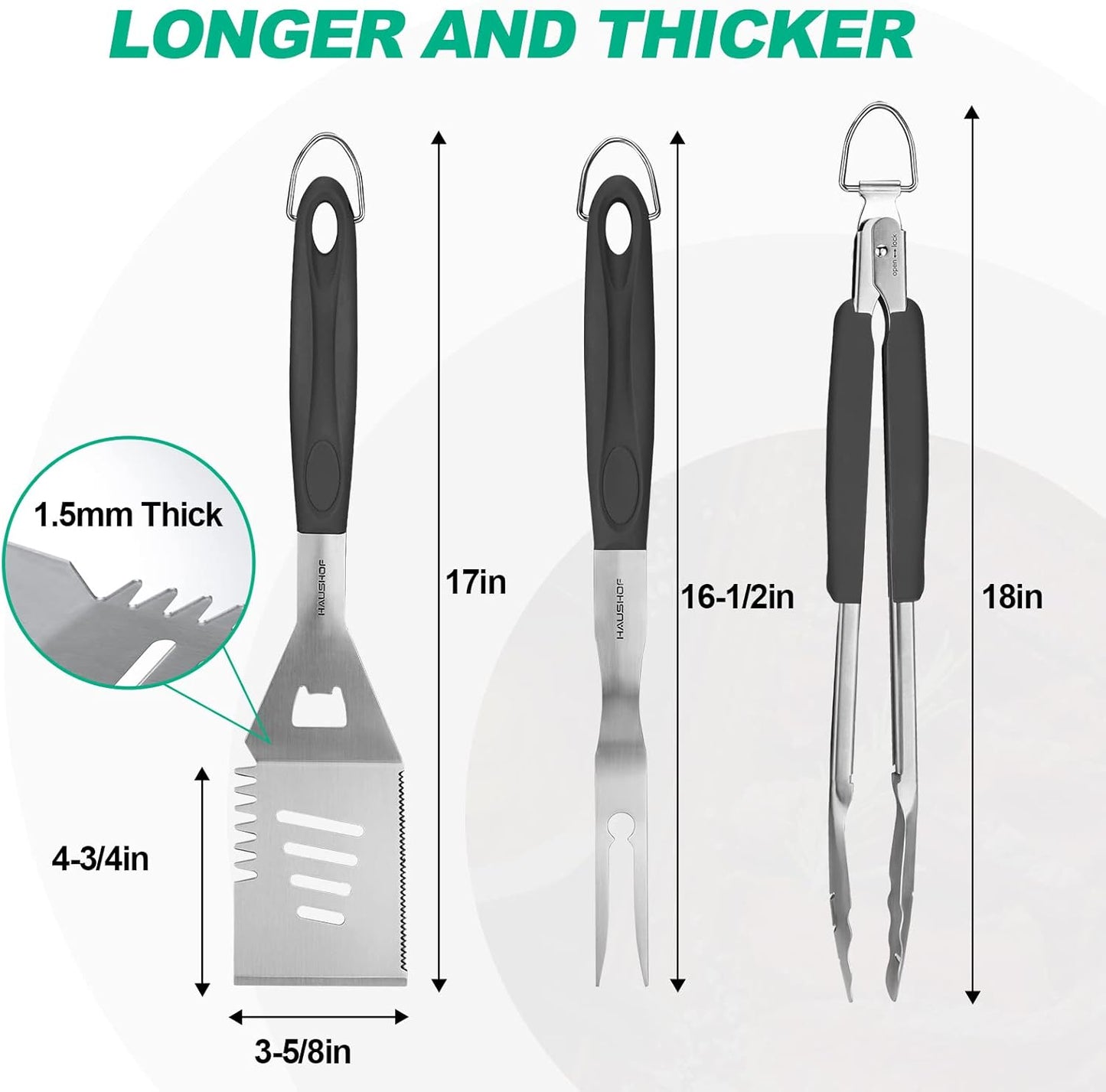 HAUSHOF Large Grill Accessories Heavy Duty BBQ Set Gifts for Men/Women - Premium Stainless Steel Spatula, Fork & Tongs, Barbecue Utensils Tool Kit Gift for Grilling Lover Outdoor