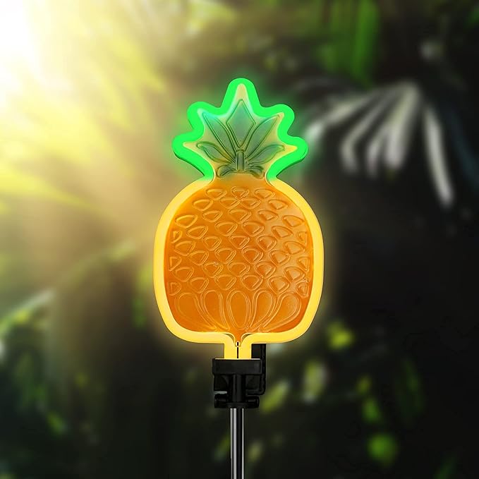 ANGMLN Solar Pineapple Neon Light - 2 Metal Garden Stake Lights 42 inch Path Lighting for Garden Yard Lawn Patio Walkway Decor Gifts for Mom Grandmother