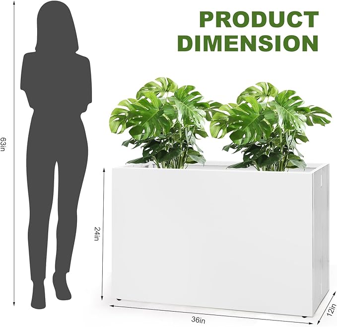 Galvanized Steel Planter Box-No Installation Required Metal Rectangular Block Long Box Planter Modern Outdoor Planters All-Weather Use with Drainage Holes for Patio/Porch, 36×24×12IN（White）