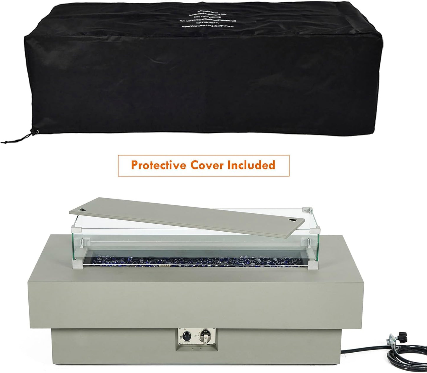 48-inch Fire Table with 20lb Propane Tank Cover & Wind Glass Shield, 50,000BTU Outdoor Modern Patio Fire Pit Table w/Rectangular Burner Lid, Glass Rocks, Pre-Attached 10ft External Gas Hose