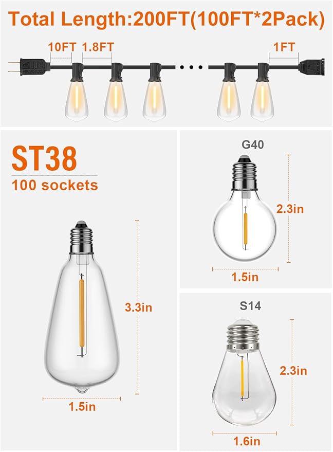 GPATIO 200FT(100FT*2Pack) Outdoor String Lights, Waterproof Patio Lights with 64 Dimmable Hanging Lights Globe ST38 Bulbs, 2700k Shatterproof for Backyard Gazebo Porch Garden Outside Decor