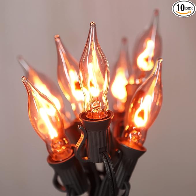 12.8Ft Christmas Lights Flickering Flame String Lights with 12 Pack Clear C7 Flame Light Bulbs（2 Spare）, Great for Indoor Outdoor Home Patio Party Christmas Decorations Lights, 1W, E12 Base