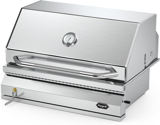 Hygrill Charcoal Grill Head for Outdoor Kitchen, 32-inch Stainless Steel Built-In Grill with Insulated Hood, Temperature Gauge and Fabric Cover