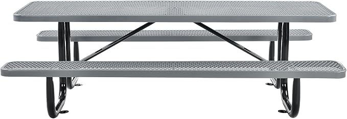 Global Industrial 8’L Rectangular Picnic Table, Expanded Metal, Gray Thermoplastic Coating, Attached Benches, 1-1/2” Umbrella Pole Hole, Outdoor-Rated, 1000 lb Capacity, 96” x 30” Tabletop