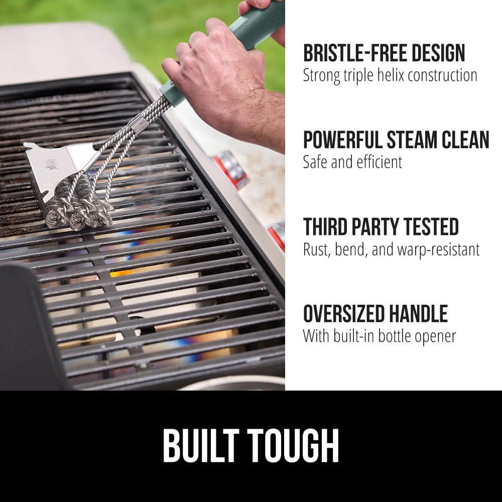 GORILLA GRIP Heavy Duty No Bristle Triple Helix Grill Brush with Scraper for Outdoor Grills, Safe Steam Cleaning, Oversized Comfortable Handle Grip with Bottle Opener, BBQ Tools, 17.5 Inch, Green