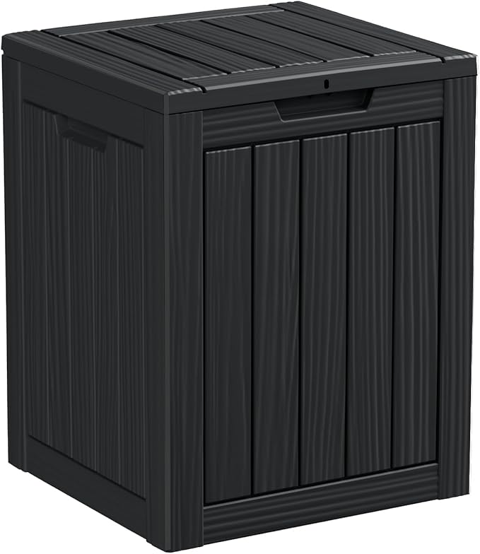 28 Gallon Resin Deck Box, Lockable Patio Outdoor Storage Box for Furniture, Garden Tools and Tools Storage, Waterproof Outside Storage Boxes - Black