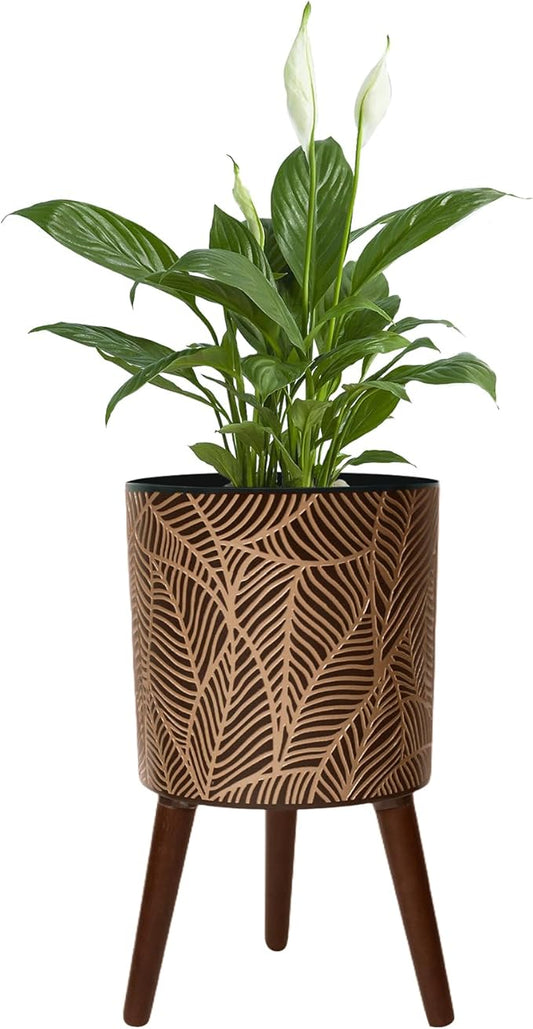 12inch Black Plant Pots for Indoor Plants Large Boho Flower Pot with Stand Modern Planters with Gold Floral Embossed Standing Planter with Drainage for Living Room, Office, Garden or Balcony