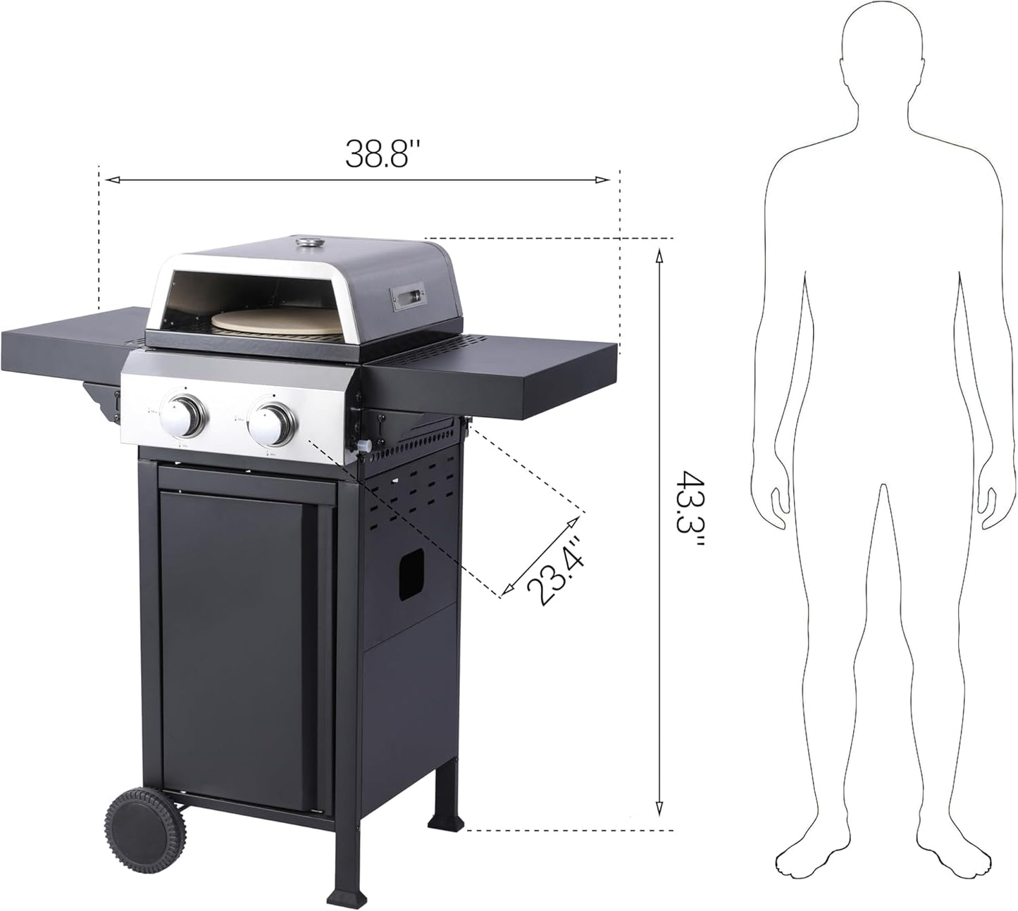 2-Burner Propane Gas BBQ Grill with Pizza Box, 24,600 BTU Output, Wire Enamel Grids, Foldable Side Table and Hanging Basket, Stainless Steel Patio Grill