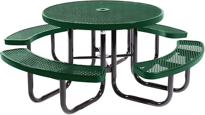 Heavy-Duty Portable Outdoor Picnic Table with Umbrella Hole, Expanded Metal Commercial-Grade Patio Dining Furniture Made in America (46" Round Top, Green)