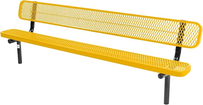 Heavy-Duty Outdoor Bench Thermoplastic Coated, Expanded Metal, Commercial-Grade Seating, Made in America (Inground with Back, 8 Ft, Textured Yellow)