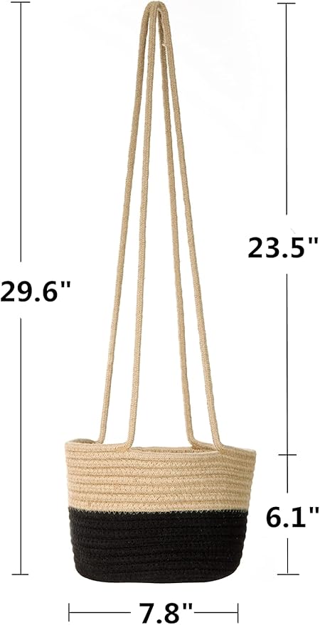 Hanging Planter Basket Jute Rope Woven Plant Hangers Indoor Hanging Plant Holder Up to 7" Pot Macrame Modern Storage Organizer Home Decor (Jute-Black)
