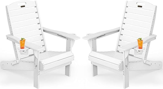 Adirondack Chairs Set of 2, Outdoor Fire Pit Chairs, HDPE All-Weather Adirondack Chairs with Cup Holder, Lawn Chair for Deck, Patio, Garden (White)