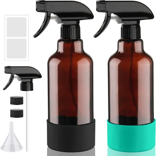 Glass Amber Spray Bottles with Silicone Sleeve, 2 Pack 16.9oz Refillable Containers with Adjustable Spray Nozzles, Empty Spray Bottle for Cleaning Solutions, Hair, Plants, Essential Oils (Black+Green)