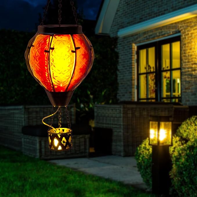 2PCS Hot Air Balloon Solar Lantern with Flame Flickering Light LED Glass Hanging Solar Lanterns Outdoor Waterproof Hot Air Balloon Decoration Outdoor Light for Patio Tree Yard Garden Decor