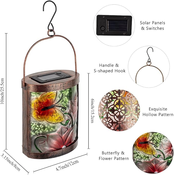 2 Pack Butterfly Solar Lanterns Outdoor Waterproof LED Hanging Solar Lights for Outside Tabletop Lamp for Garden Patio Decor