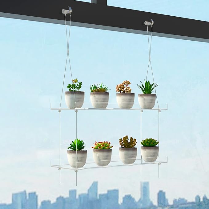 2-Tier Clear Hanging Window Plant Shelves 16inch,Indoor Windows Wall Hanging Plant Stand Flower Display,Flower Pot Organizer Storage for Window Grow Herbs,Microgreens,Succulents,Flower