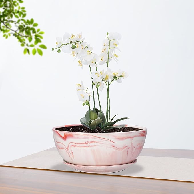 G EPGardening Large Ceramic Succulent Planter Pot with Drainage Hole and Saucer Large Marble Flower Pot for Plants Round Bonsai Planter Pot Indoor Outdoor Pink