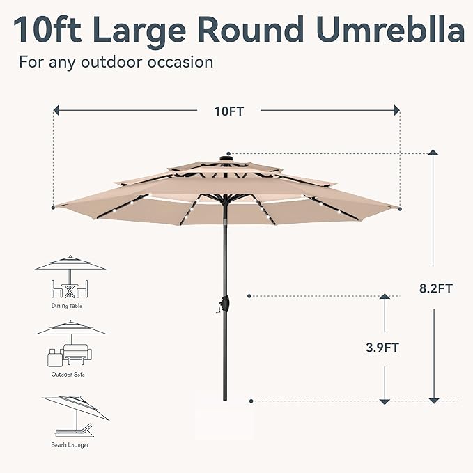 GREEN PARTY 10ft Outdoor Patio Umbrella, Auto-Tilt Market Table Umbrellas with Crank, 8 Sturdy Ribs & 1.5" Pole UV Protection for Garden Deck Backyard Pool