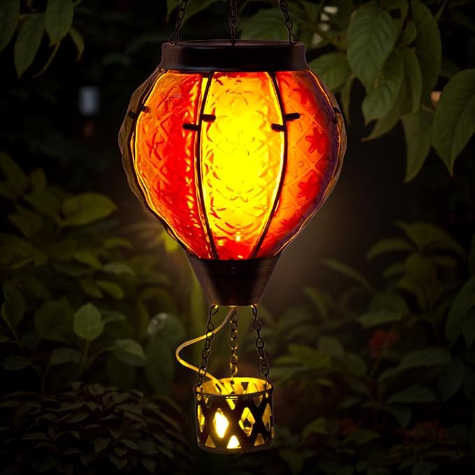 Hot Air Balloon Solar Lantern with Flame Flickering Light LED Glass Hanging Solar Lanterns Outdoor Waterproof Garden Light for Patio Tree Porch Yard Decor Mother’s Day Gift for Women Mom