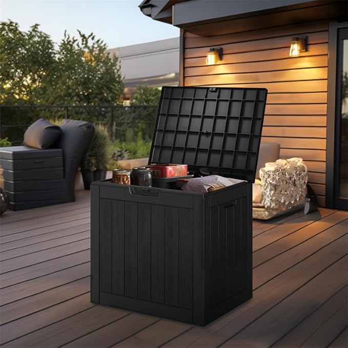 36 Gallon Outdoor Deck Box,Storage Lockable Waterproof Patio Furniture,Garden Tools,Cushions,Pool Accessories Outside Storage Resin Box(Black)