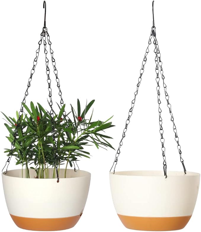 2 Pack Hanging Pots for Plants Outdoor Indoor, 10 Inch Hanging Planters with Drainage Hole (10 inch-White)