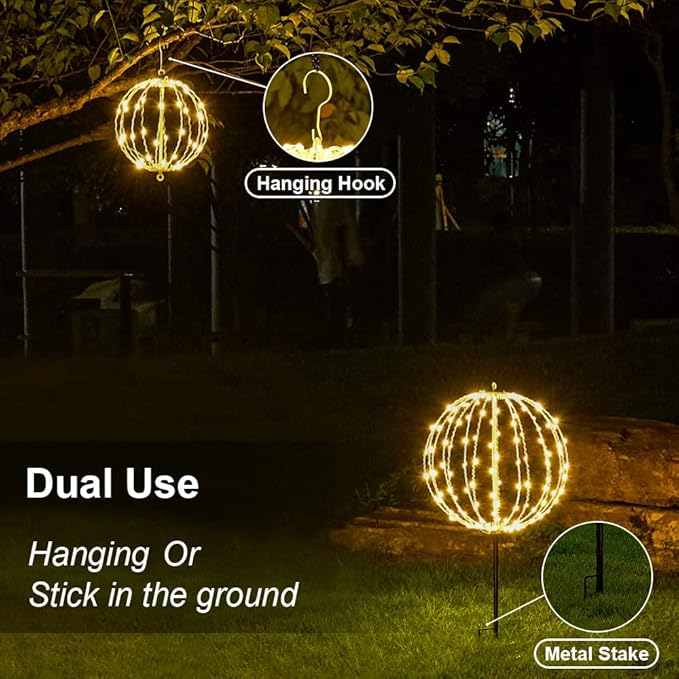 Hotelstar 96LED Foldable Light Sphere - 12IN Hanging, Pathway & Tree Light with Hook & Stake for Outdoor Garden, UL Listed, White Metal Frame, Warm White Light
