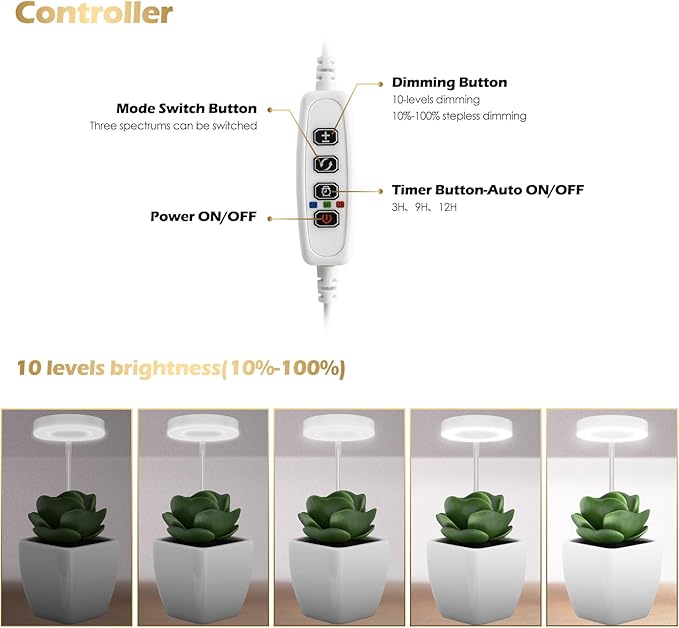 GLOWRIUM Grow Lights for Indoor Plants, Full Spectrum Plant Lights with Clip, Height Adjustable&3 Spectrum Mode, 3/9/12h Automatic Timer, 10 Dimmable Brightness, Mini Halo Grow Lights for Small Plant