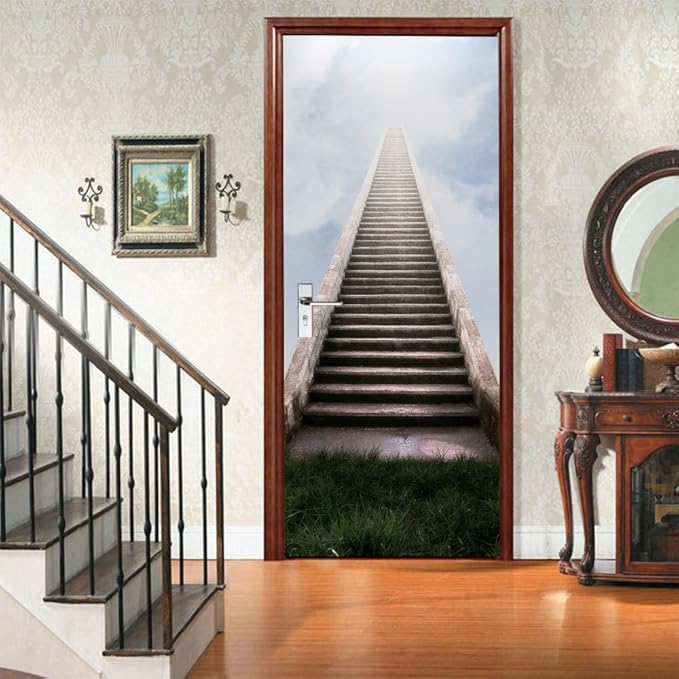3D Door Stickers Murals - Stairs - Peel and Stick - Waterproof & Washable - Matt Finish - Modern Style - White - 33.9" x 78.7"