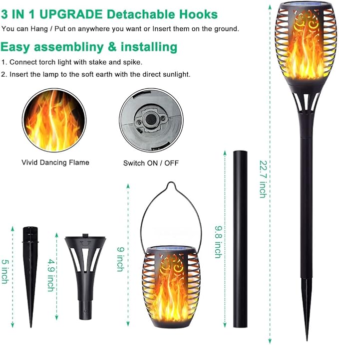 8Pack Solar Torch Light with Flickering Flame, Upgraded 3in1 Solar Lights Outdoor Hanging Lantern, Waterproof Landscape Decoration Lighting for Garden Yard Pathway Driveway, Auto On/Off