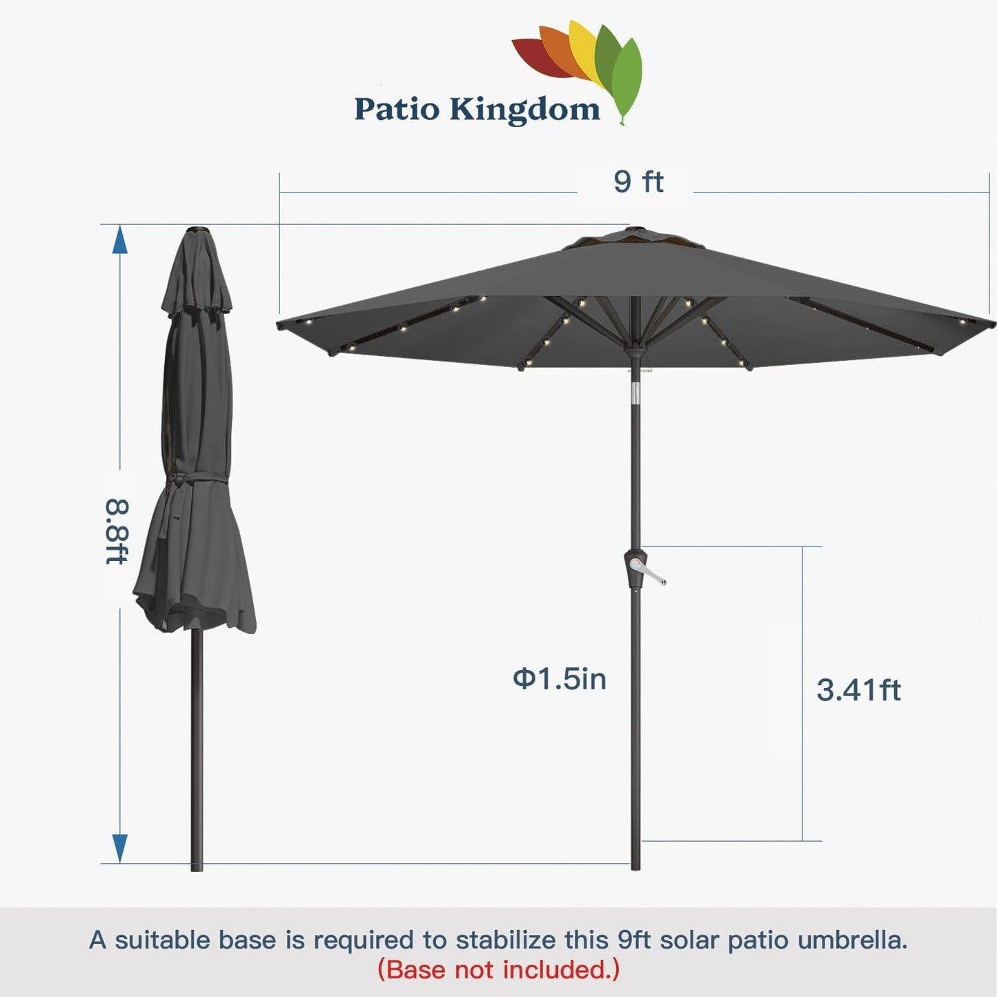 9FT Solar Umbrella 32 LED Lighted Patio Umbrella Table Market Umbrella w/Tilt and Crank, UV-Resistant Outdoor Umbrella for Pool, Garden, Deck, Gray