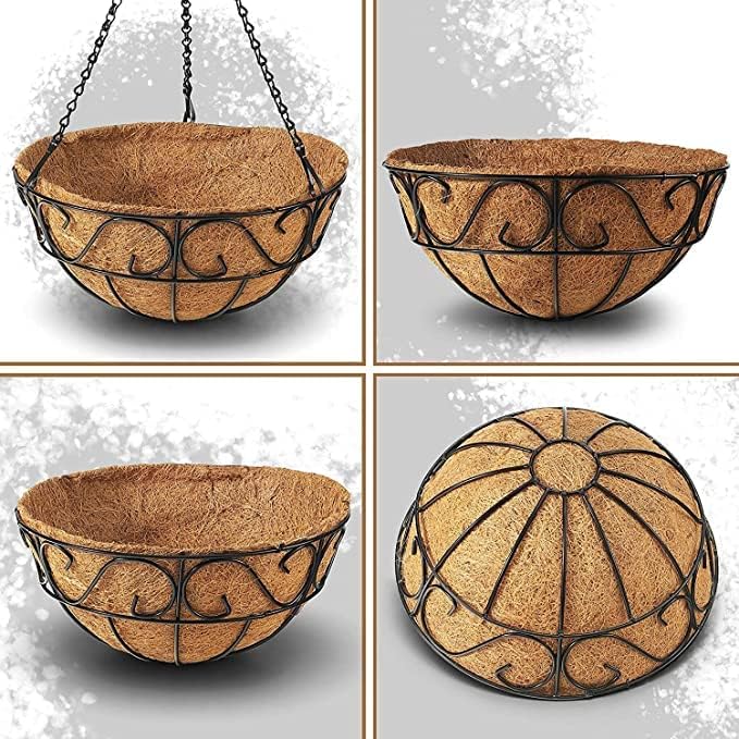 2 Pack Metal Hanging Planter Basket with Coco Coir Liner Chain Round for Garden Decoration Porch Indoor Outdoor (S Shape)