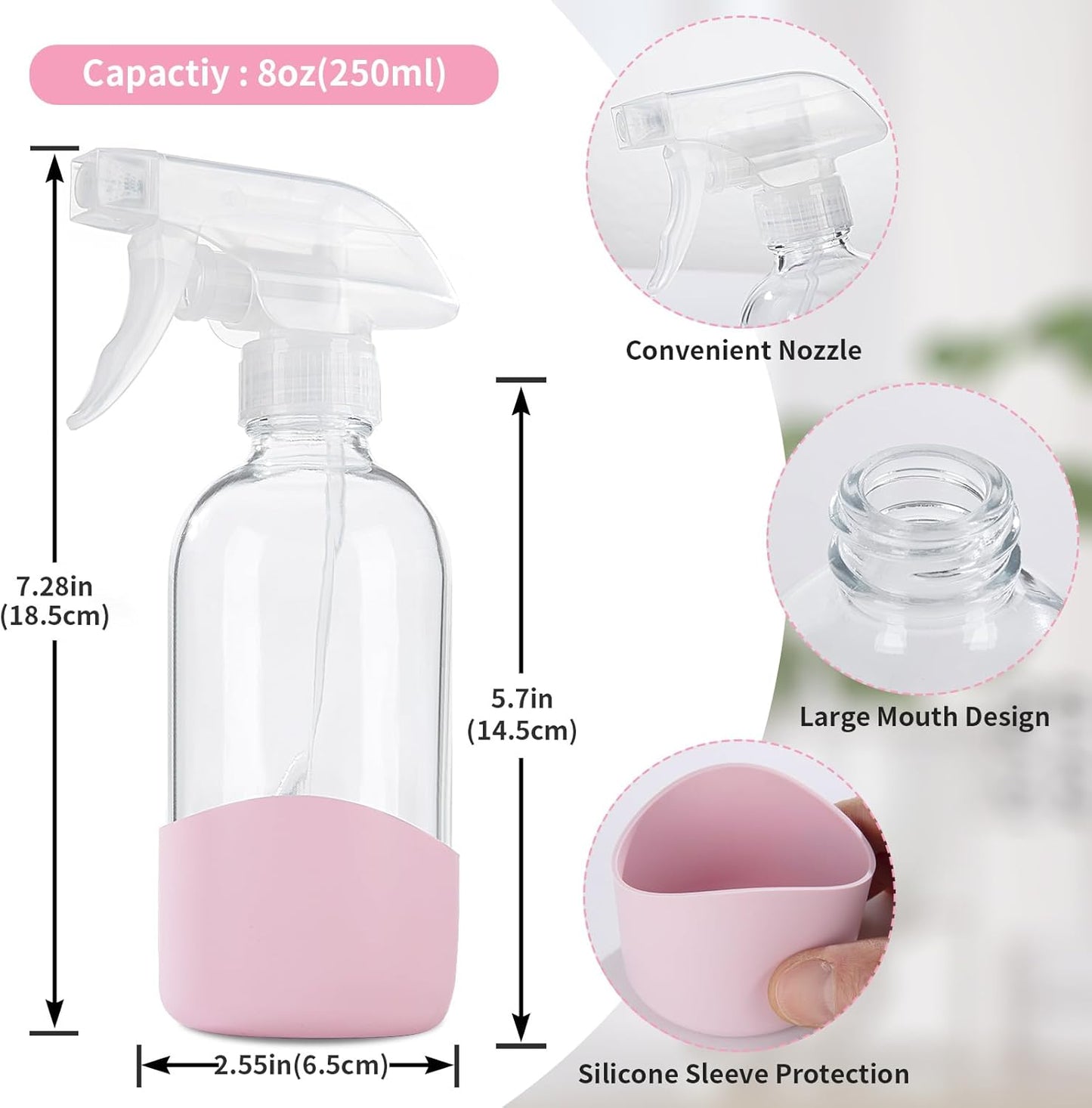 HOMBYS 8 Oz Empty Clear Glass Spray Bottles with Silicone Sleeve Protection Refillable Containers for Cleaning Solutions, Essential Oils, Misting Plants - Quality Sprayer - 3 Pack Boston Bottles