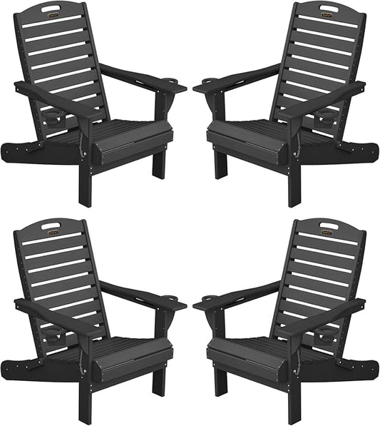 Adirondack Chairs Set of 4, Outdoor Fire Pit Chairs, HDPE All-Weather Adirondack Chairs with Cup Holder, Lawn Chair for Deck, Patio, Garden (Black)