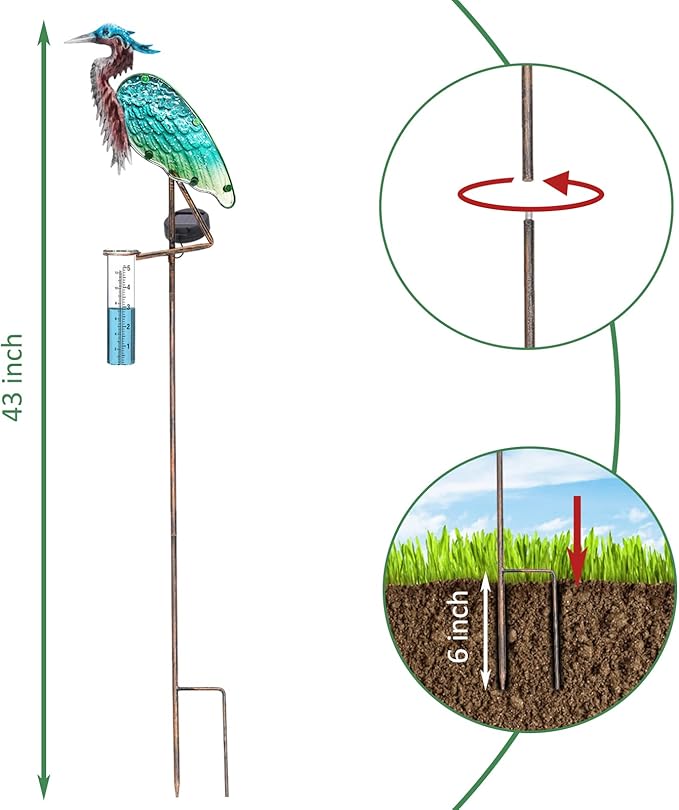 Heron Rain Gauge Solar Stake Outdoor, 43’’ Solar Rain Gauge LED Lights with Rainfall Gauge for Garden, Yard, Lawn, Pathway, Patio