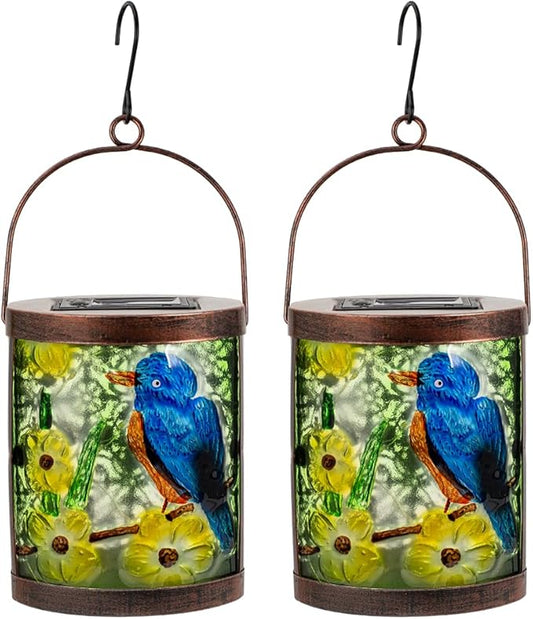 2 Pack Bluebird Solar Lanterns Outdoor Waterproof, Hanging Glass Solar Lantern with LED Light for Garden Yard Lawn