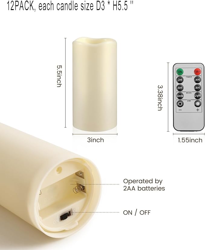 9PACK Outdoor Waterproof Plastic flameless Candles with Remote Control LED Flickering Battery Operated Pillar Candles Cycling 24 Hours Timer (D3 xH5.5) for Camping, Weddings, Party,Home Decoration