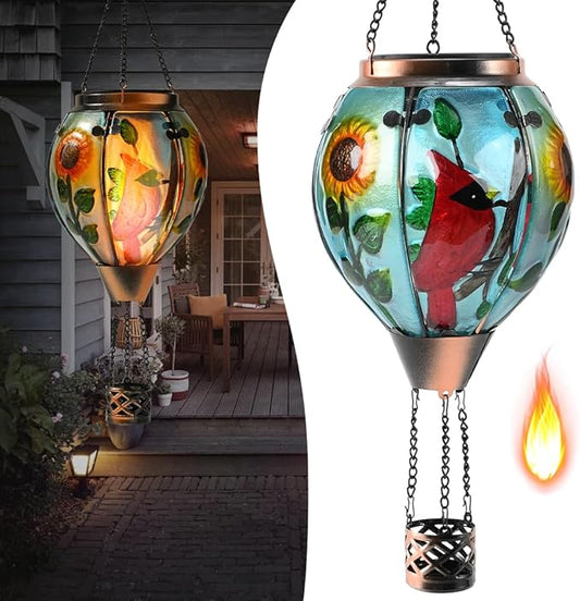 Hot Air Balloon Solar Lantern - Cardinal Bird Glass Lantern with Simulated Flickering Flame, Outdoor Hanging Yard Light Waterproof IP65 & Weather Resistant for Garden Patio Lawn Porch Decor Gfit