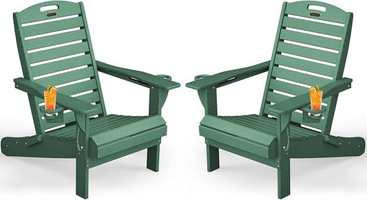 Adirondack Chairs Set of 2, Outdoor Fire Pit Chairs, HDPE All-Weather Adirondack Chairs with Cup Holder, Lawn Chair for Deck, Patio, Garden (Green)