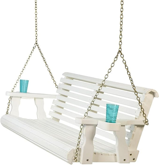 Amish Casual 5 Foot Roll Back Porch Swing with Cup Holders in Semi-Solid White Stain - Amish Made in The USA from Treated Pine Heavy Duty 700 Lb. Weight Capacity