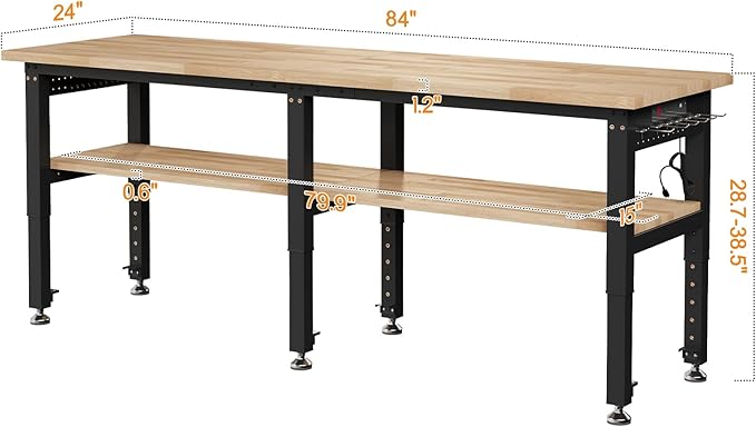 Albott 84" Adjustable 2-Tier Workbench with Solid Wood Top, Max 2000lbs Capacity, Built-in Power Strip with 4 AC Outlets & 2 USB Ports, Pegboard & 20 Hooks, Shop Garage Office