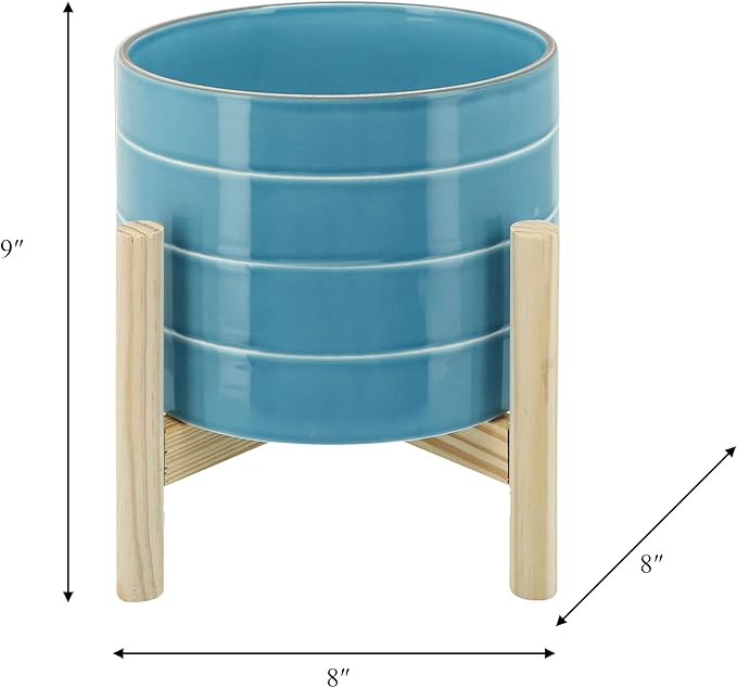 8" Ceramic Planter on Wooden Bamboo Stand - Contemporary Blue While Striped Design For Indoor or Outdoor Plants, Succulents, Cactus
