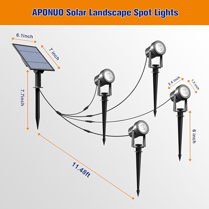 APONUO Solar Spot Lights Outdoor 4-in-1 Solar Landscape Lighting Dusk to Dawn Solar Uplights IP65 Waterproof 9.8ft Cable Outdoor Spot Lights for Yard Pathway Garden Tree Decoration (Cool White)