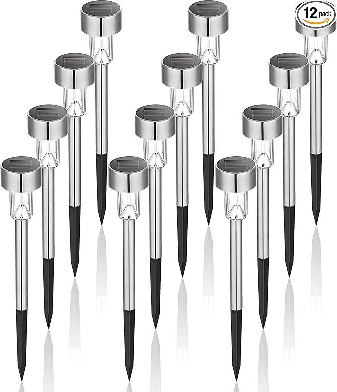 GIGALUMI Solar Lights Outdoor Waterproof, 12 Pack, Stainless Steel LED Solar Garden Lights for Patio, Lawn, Yard and Landscape, Cold White