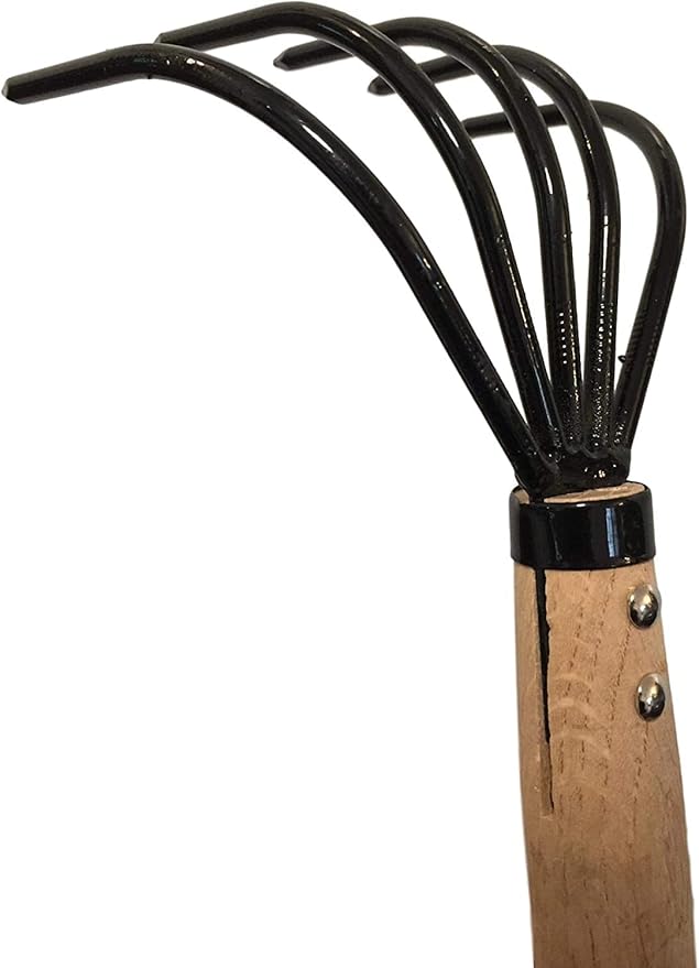 Garden Guru Hand Rake Cultivator Claw Soil Tiller - Military Grade Steel - Rust Resistant - 5 Tine Japanese Ninja Claw - Comfortable Wood Handle - Perfect Pulverized and Aerated Soil (4 Pack)