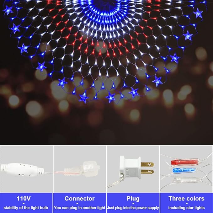 American Flag Lights, 243 LEDs Red White and Blue Lights Half Fan Flag Light, Waterproof US Flag Lights for Yard Garden, Festival, Holiday, 4th of July Independence Day Decorations